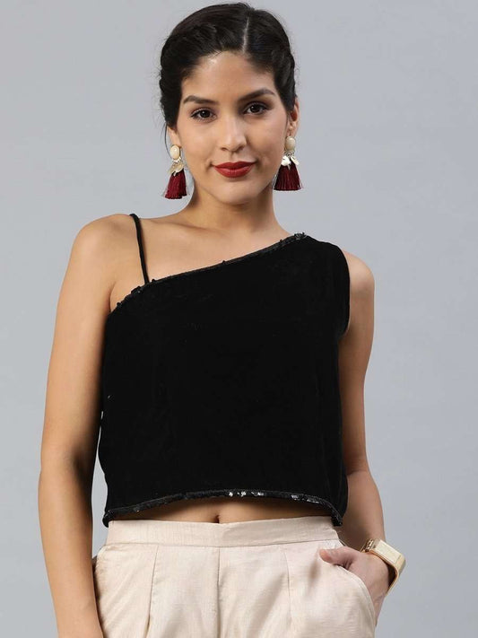 Women Black Solid Velvet Crop Top With Sequinned Detail - inddus-us