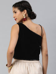 Women Black Solid Velvet Crop Top With Sequinned Detail - inddus-us