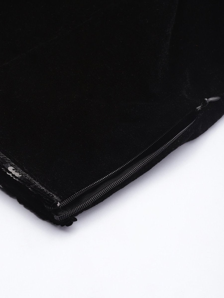 Women Black Solid Velvet Crop Top With Sequinned Detail - inddus-us