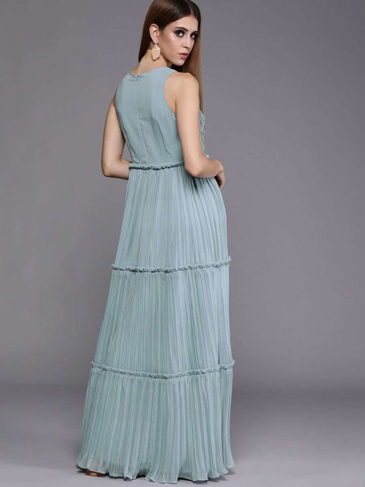 Women Blue Embellished Fit and Flare Tiered Dress - inddus-us