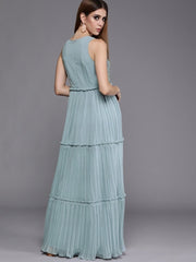 Women Blue Embellished Fit and Flare Tiered Dress - inddus-us