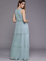 Women Blue Embellished Fit and Flare Tiered Dress - inddus-us