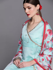 Women Blue Embroidered Angrakha Chanderi Cotton Kurta with Palazzos & Dupatta - Inddus.com