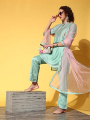 Women Blue Embroidered Sequinned Kurta with Trousers & With Dupatta - Inddus.com