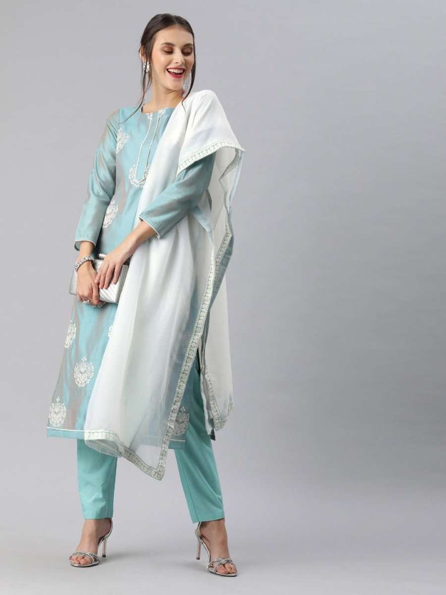 Women Blue Embroidered Straight Cut Suit - Inddus.com