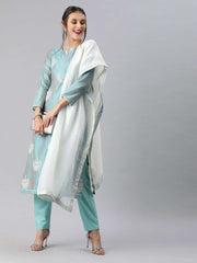 Women Blue Embroidered Straight Cut Suit - Inddus.com