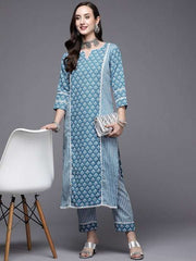 Women Blue Ethnic Motifs Printed Kurta with Trousers - Inddus.com