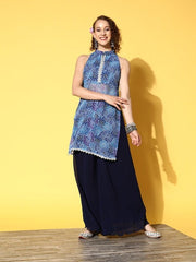 Women Blue Floral Printed Beads and Stones Kurta with Palazzos - Inddus.com