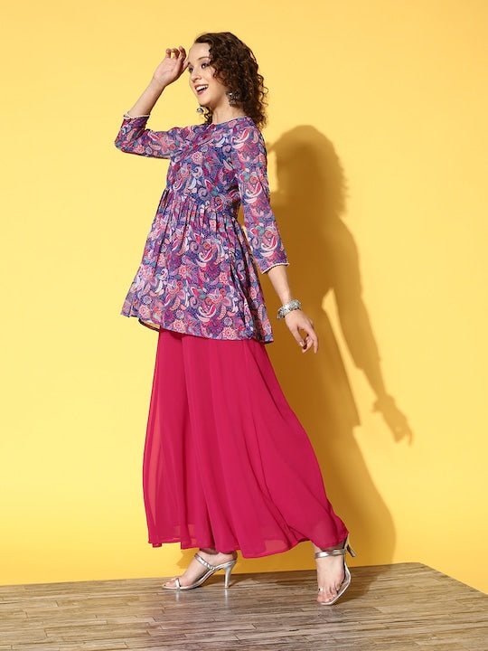 Women Blue Floral Printed High Slit Kurti with Palazzos - Inddus.com