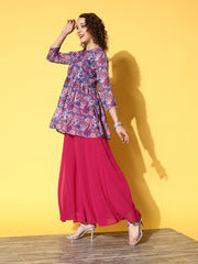 Women Blue Floral Printed High Slit Kurti with Palazzos - Inddus.com