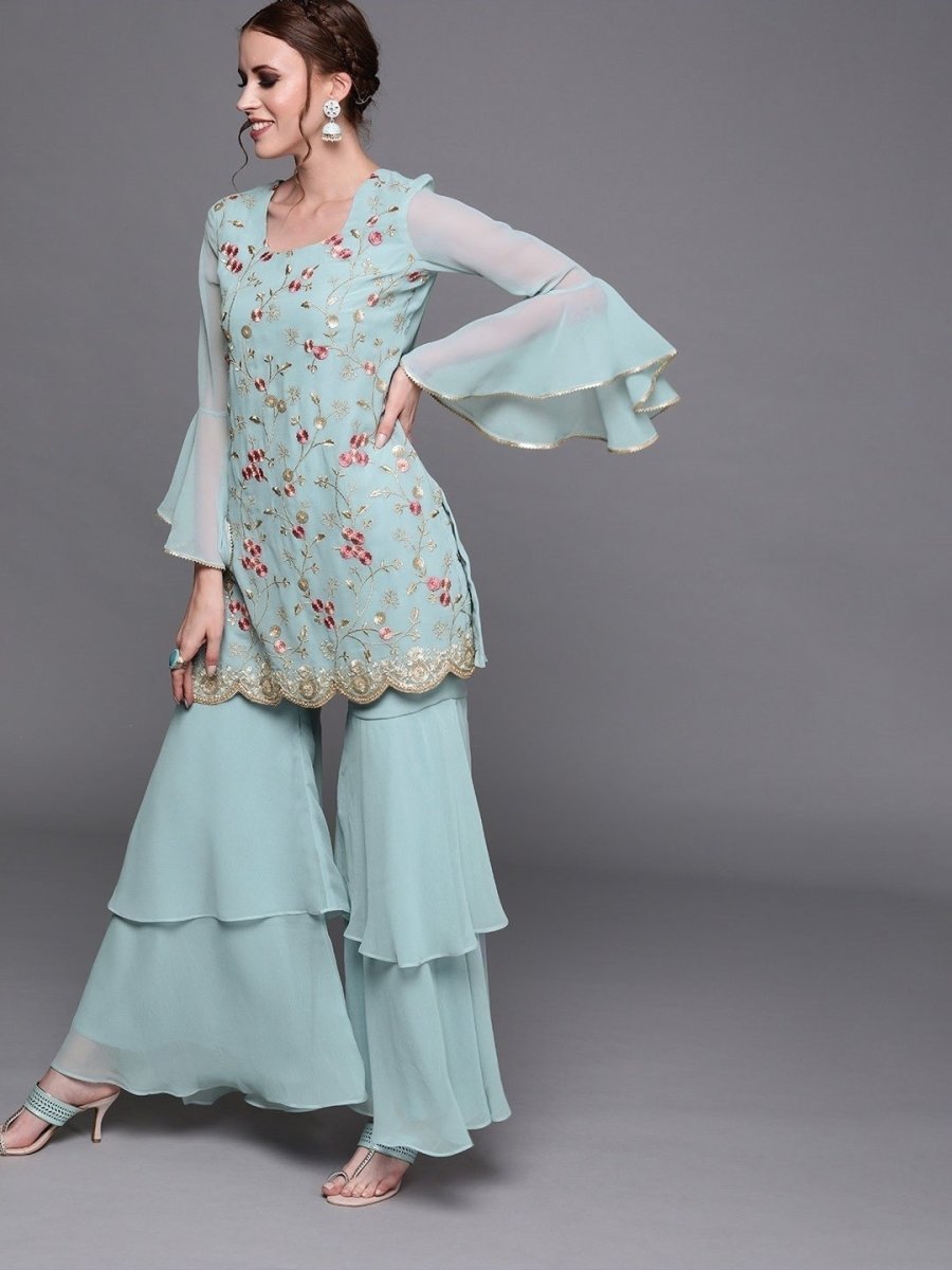 Women Blue Georgette Embroidered Kurti with Sharara & Dupatta - inddus-us