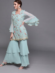 Women Blue Georgette Embroidered Kurti with Sharara & Dupatta - inddus-us