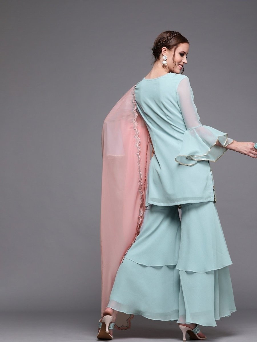 Women Blue Georgette Embroidered Kurti with Sharara & Dupatta - inddus-us