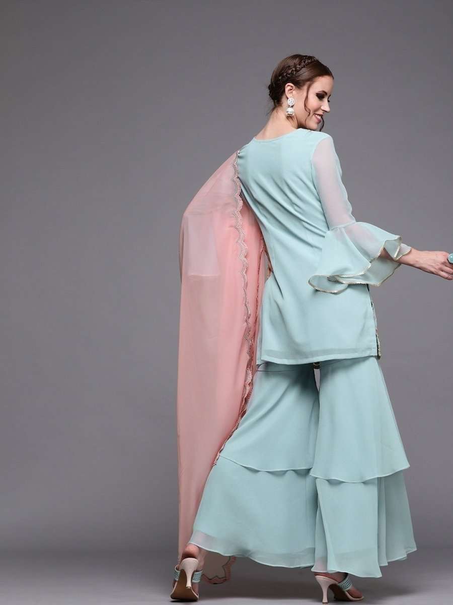 Women Blue Georgette Embroidered Kurti with Sharara & Dupatta - inddus-us