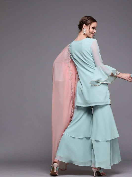 Women Blue Georgette Embroidered Kurti with Sharara & Dupatta - inddus-us