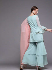 Women Blue Georgette Embroidered Kurti with Sharara & Dupatta - inddus-us