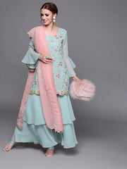 Women Blue Georgette Embroidered Kurti with Sharara & Dupatta - inddus-us