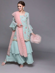 Women Blue Georgette Embroidered Kurti with Sharara & Dupatta - inddus-us