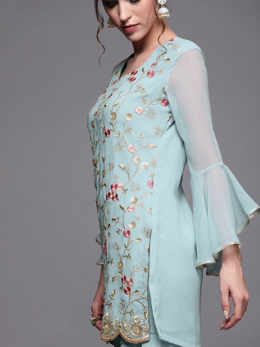 Women Blue Georgette Embroidered Kurti with Sharara & Dupatta - inddus-us