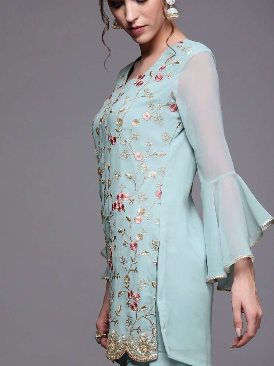 Women Blue Georgette Embroidered Kurti with Sharara & Dupatta - inddus-us