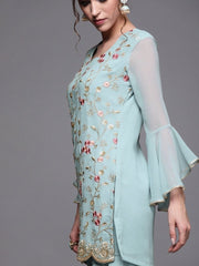 Women Blue Georgette Embroidered Kurti with Sharara & Dupatta - inddus-us