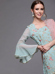 Women Blue Georgette Embroidered Kurti with Sharara & Dupatta - inddus-us