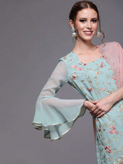 Women Blue Georgette Embroidered Kurti with Sharara & Dupatta - inddus-us