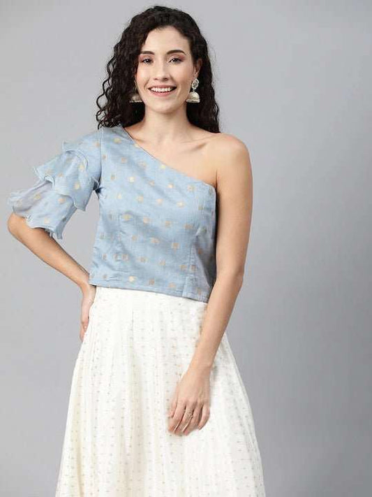 Women Blue & Golden Woven Design Ethnic One Shoulder Crop Top - Inddus.com