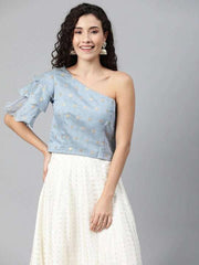 Women Blue & Golden Woven Design Ethnic One Shoulder Crop Top - Inddus.com