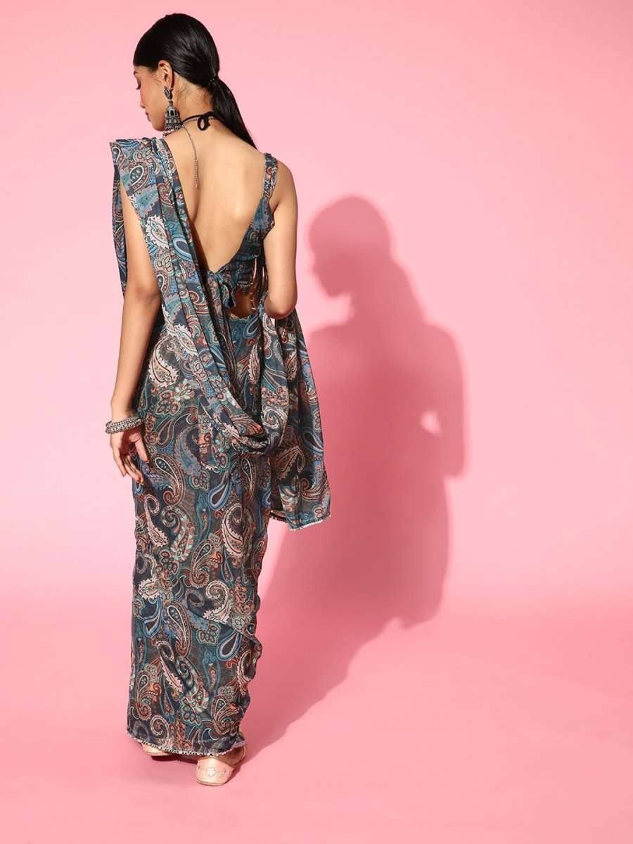Women Blue Printed Kalamkari Embellished Festive Saree - Inddus.com