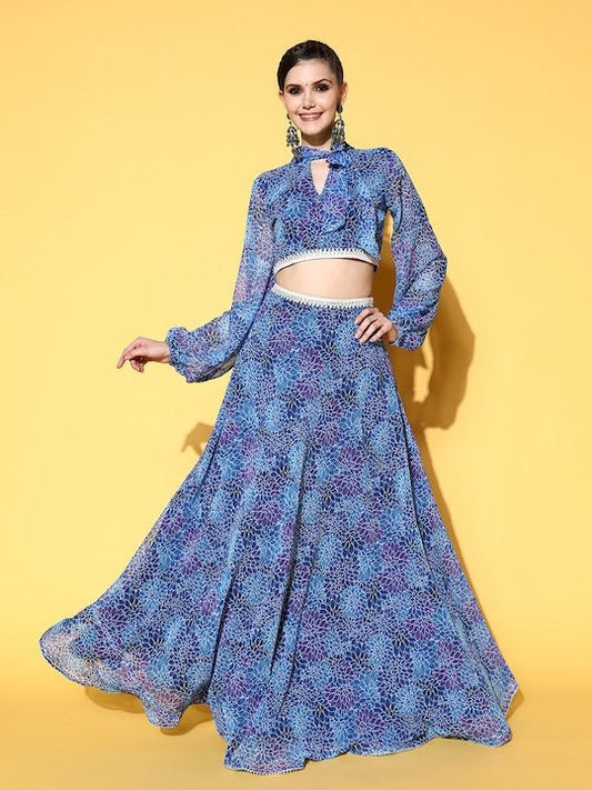 Women Blue Printed Top with Skirt - Inddus.com