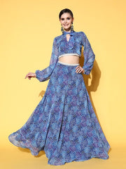 Women Blue Printed Top with Skirt - Inddus.com