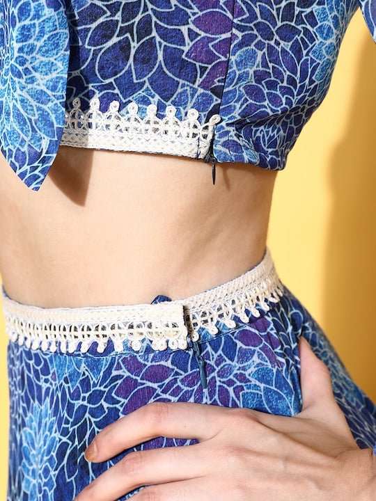 Women Blue Printed Top with Skirt - Inddus.com