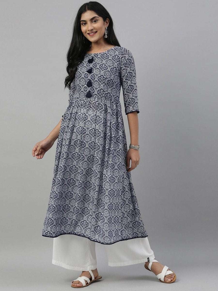Women Blue & White Printed A-Line Kurta - Inddus.com