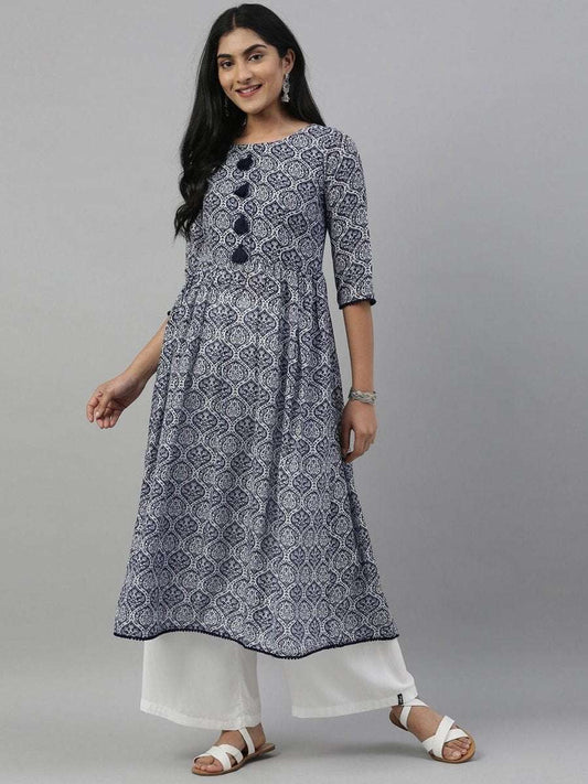 Women Blue & White Printed A-Line Kurta - Inddus.com