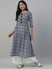 Women Blue & White Printed A-Line Kurta - Inddus.com