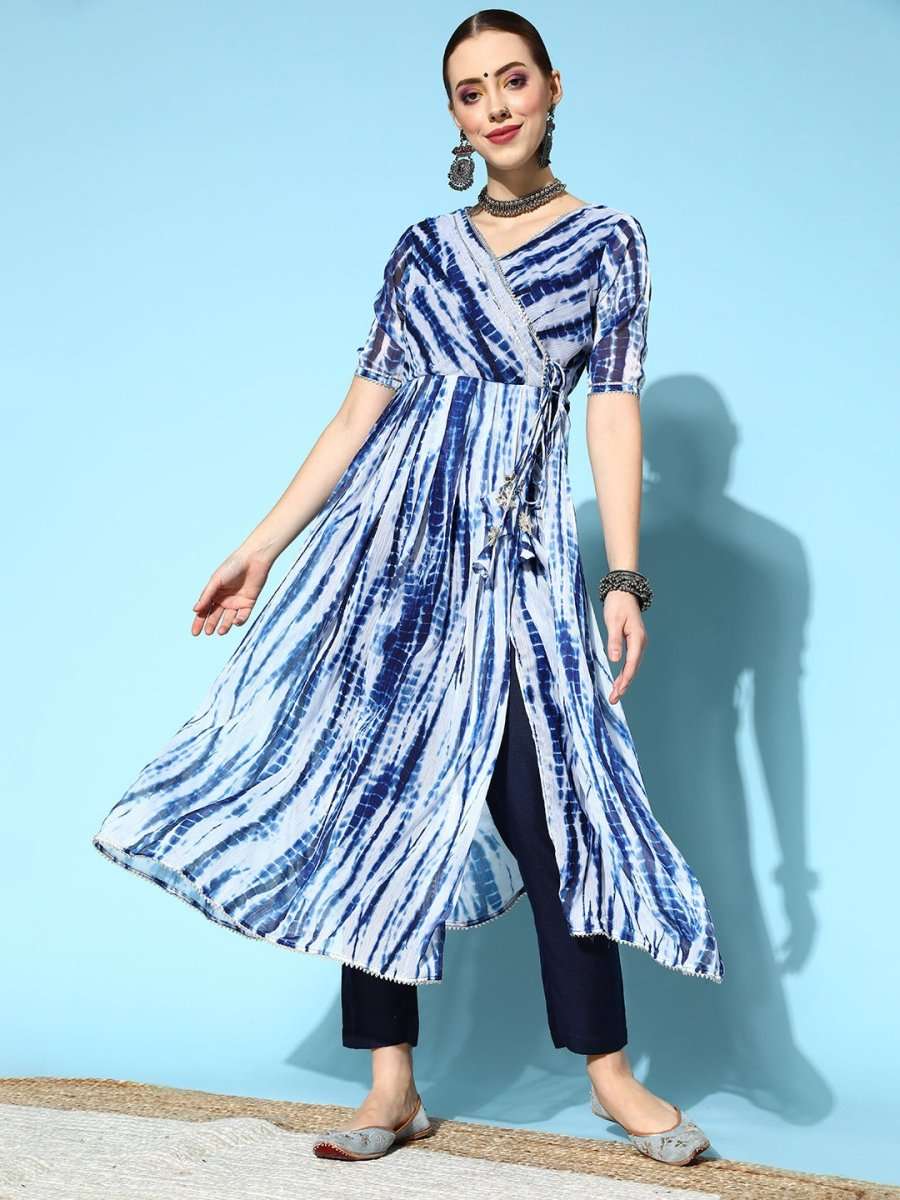 Women Blue White Shibori Print Kurta with Trouser - Inddus.com