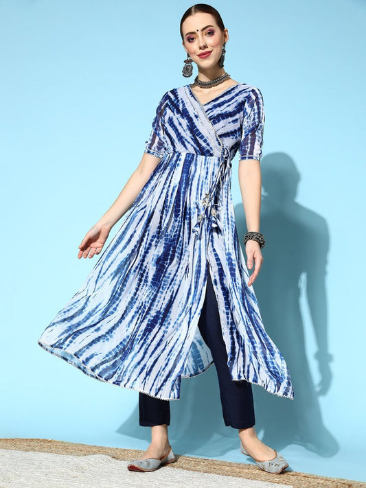 Women Blue White Shibori Print Kurta with Trouser - Inddus.com