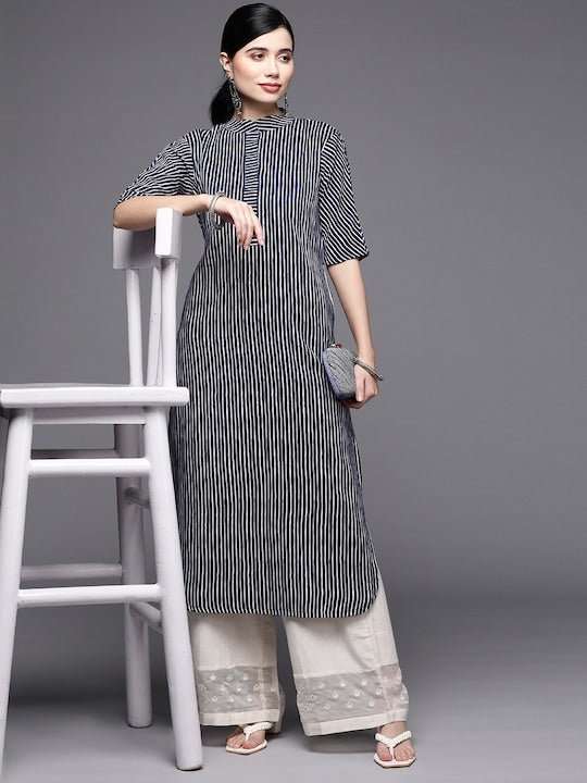 Women Blue & White Striped Pure Cotton Kurta - Inddus.com