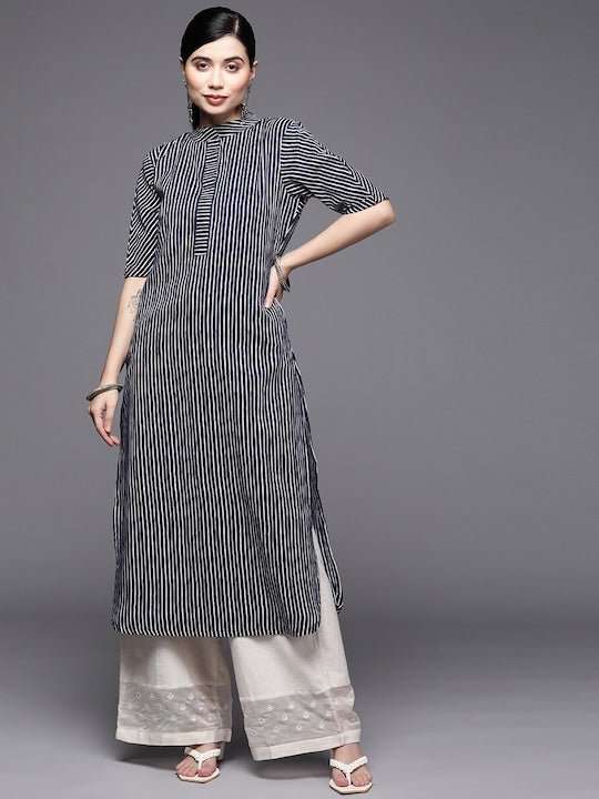 Women Blue & White Striped Pure Cotton Kurta - Inddus.com