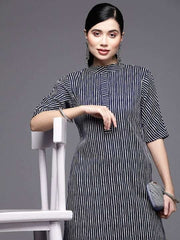 Women Blue & White Striped Pure Cotton Kurta - Inddus.com