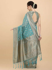 Women Blue Woven Design Chanderi Cotton Saree with Blouse Piece - Inddus.com
