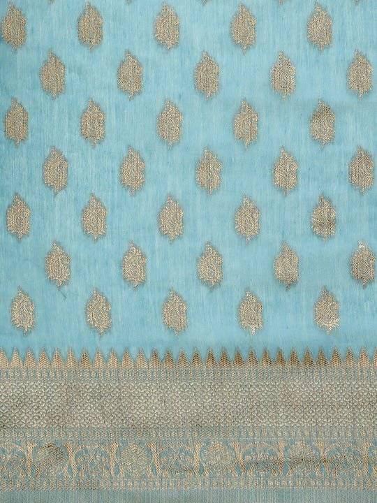 Women Blue Woven Design Chanderi Cotton Saree with Blouse Piece - Inddus.com
