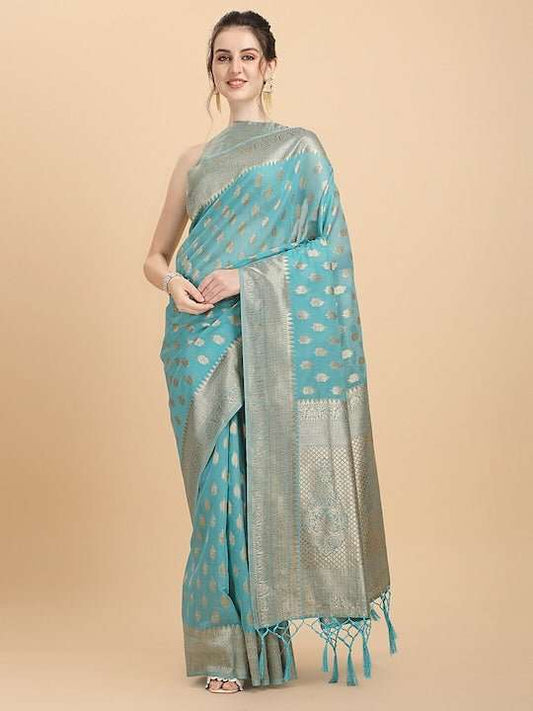Women Blue Woven Design Chanderi Cotton Saree with Blouse Piece - Inddus.com