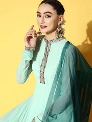 Women Blue Yoke Design Georgette Anarkali Kurta With Dupatta - Inddus.com