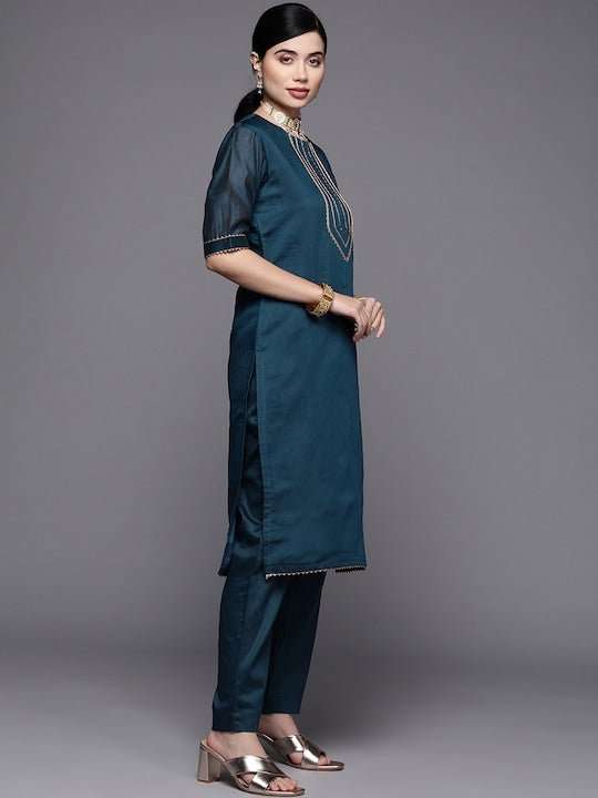 Women Blue Yoke Design Gotta Patti Chanderi Cotton Kurta with Trousers & With Dupatta - Inddus.com