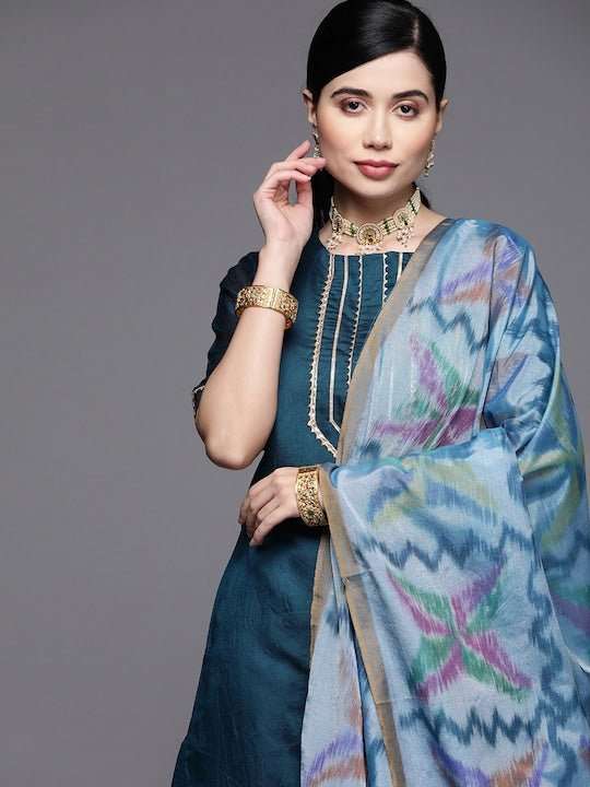 Women Blue Yoke Design Gotta Patti Chanderi Cotton Kurta with Trousers & With Dupatta - Inddus.com