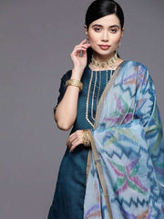 Women Blue Yoke Design Gotta Patti Chanderi Cotton Kurta with Trousers & With Dupatta - Inddus.com