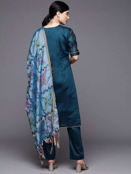 Women Blue Yoke Design Gotta Patti Chanderi Cotton Kurta with Trousers & With Dupatta - Inddus.com