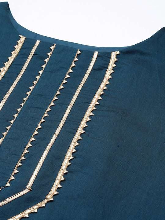 Women Blue Yoke Design Gotta Patti Chanderi Cotton Kurta with Trousers & With Dupatta - Inddus.com